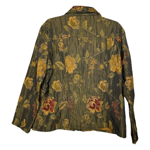 CHICO’S Size 3 Cotton Blend Olive Green, Burgundy, Tan Floral Button Blazer - Picture 2 of 4